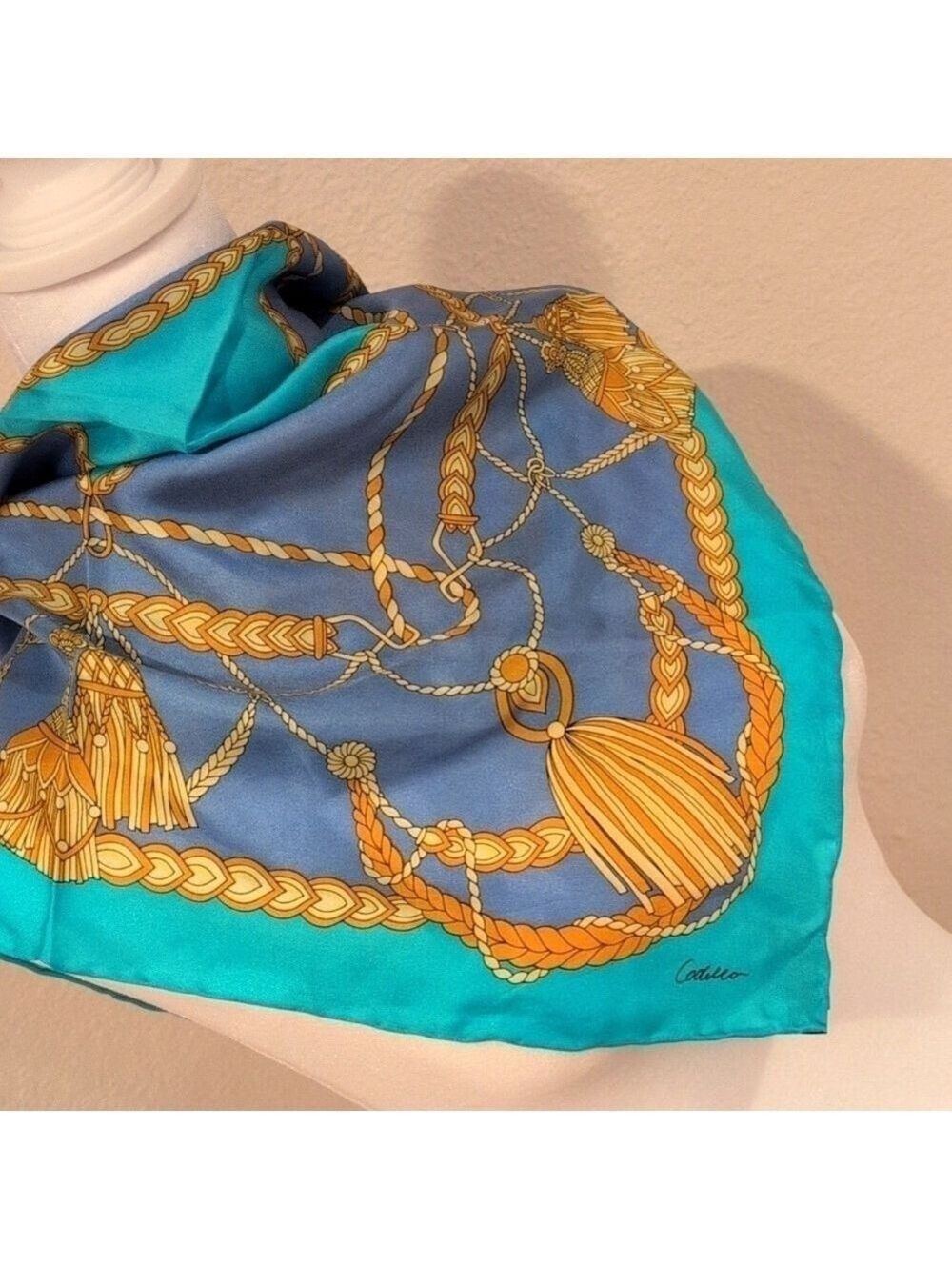 Codello pure silk scarf, square, beautiful colors and design. Size 20.5 " Rare.